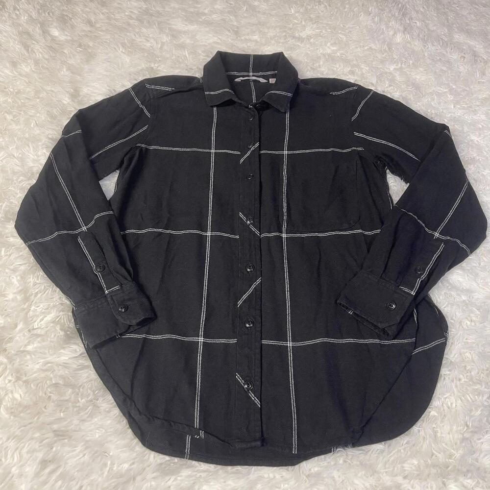 Athleta Shirt Womens Extra Small Petite Black Plaid Flannel Button Down XSP